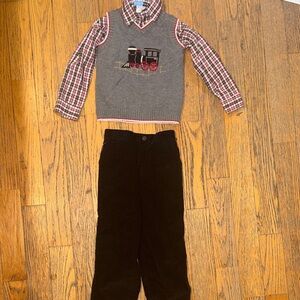 Good Lad Gray Sweater Vest with Train Design and Plaid Shirt